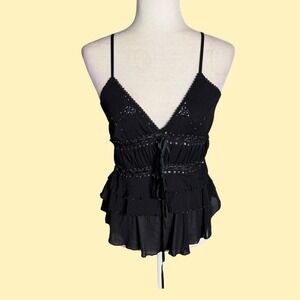 Y2K Tea/f Black Beaded Sequin Fairy Babydoll Cami Top Sheer Ruffle Medium